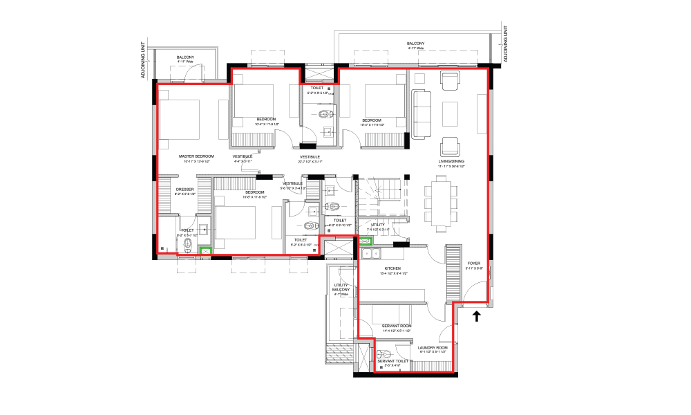 3BHK+S Tower F unit plan
