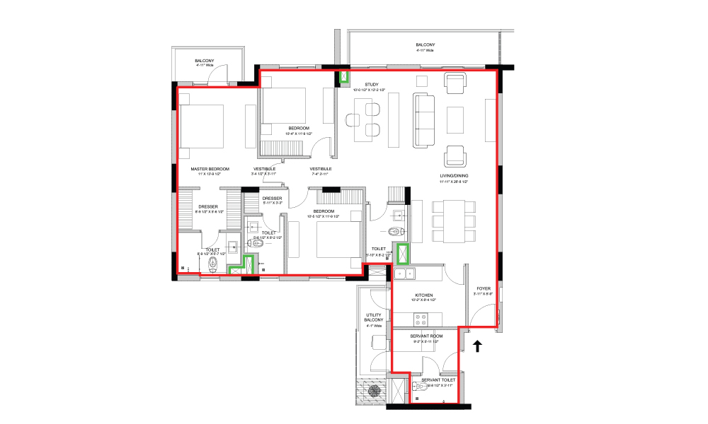3BHK+S Tower D unit plan